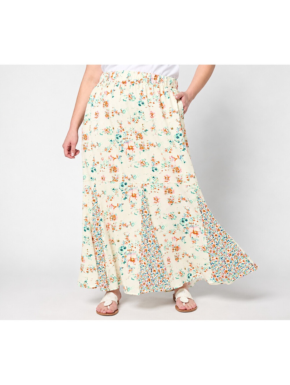 Studio Park x Terri Conn Printed Pull-On Maxi Skirt Ivory, Size Petite Medium